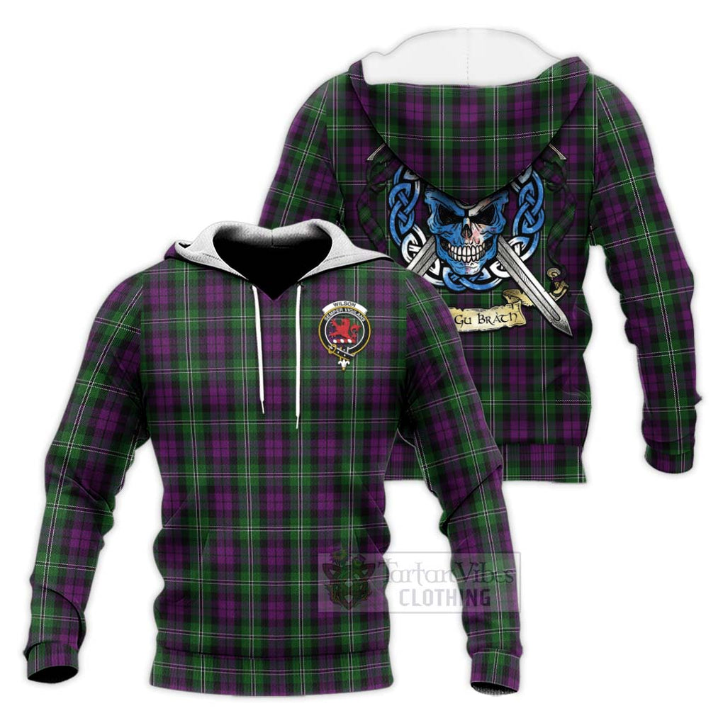 Tartan Vibes Clothing Wilson Tartan Knitted Hoodie with Family Crest Celtic Skull Style