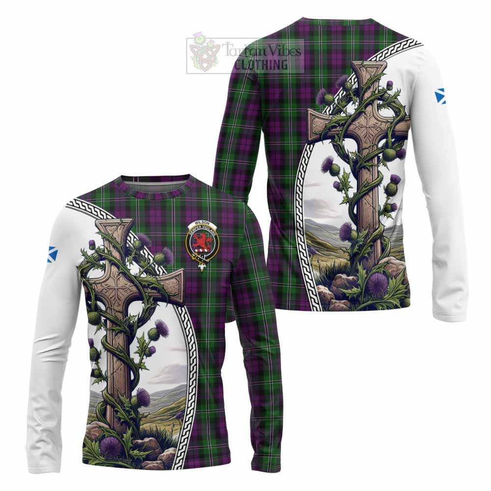 Tartan Vibes Clothing Wilson Tartan Long Sleeve T-Shirt with Family Crest and St. Andrew's Cross Accented by Thistle Vines