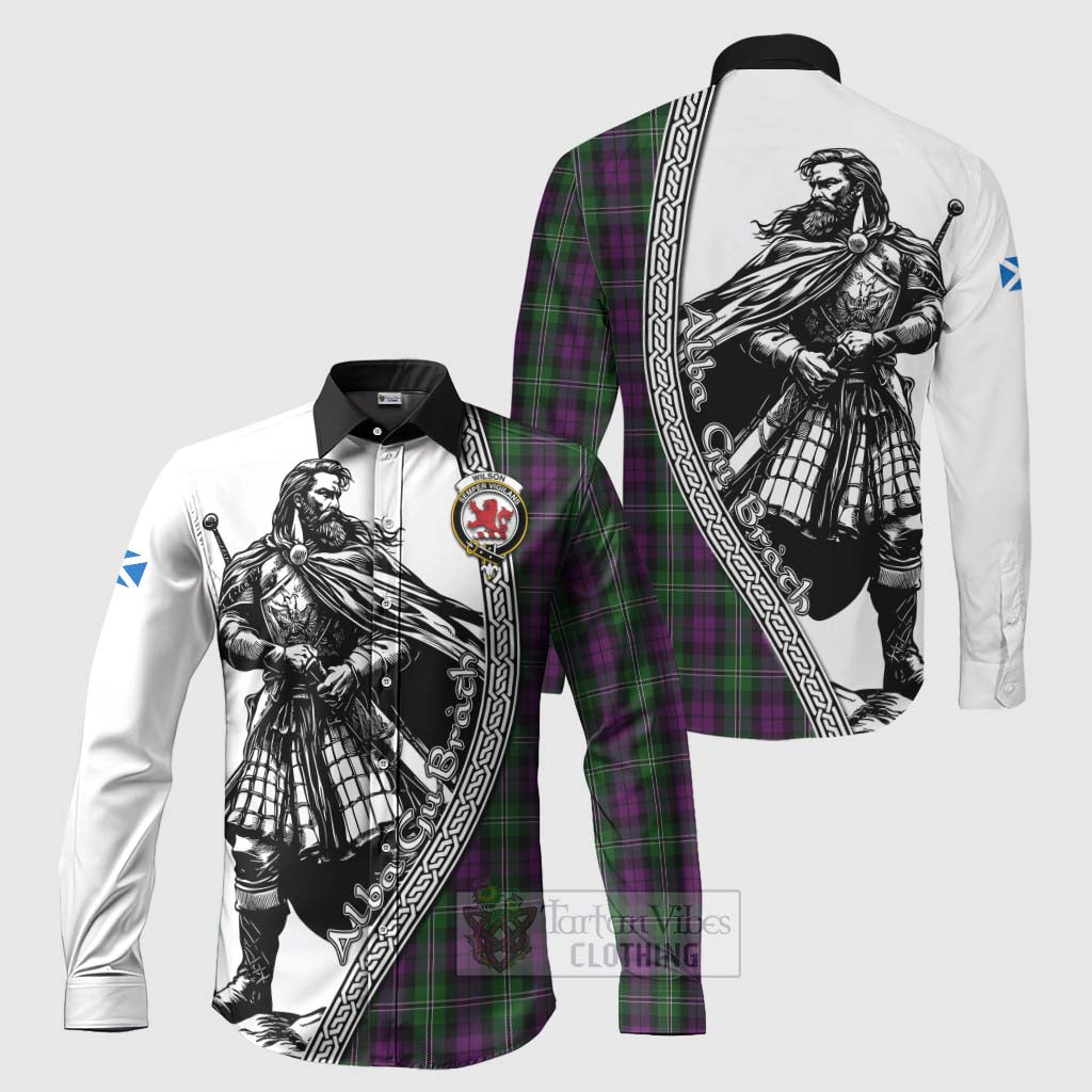 Tartan Vibes Clothing Wilson Tartan Clan Crest Long Sleeve Button Shirt with Highlander Warrior Celtic Style