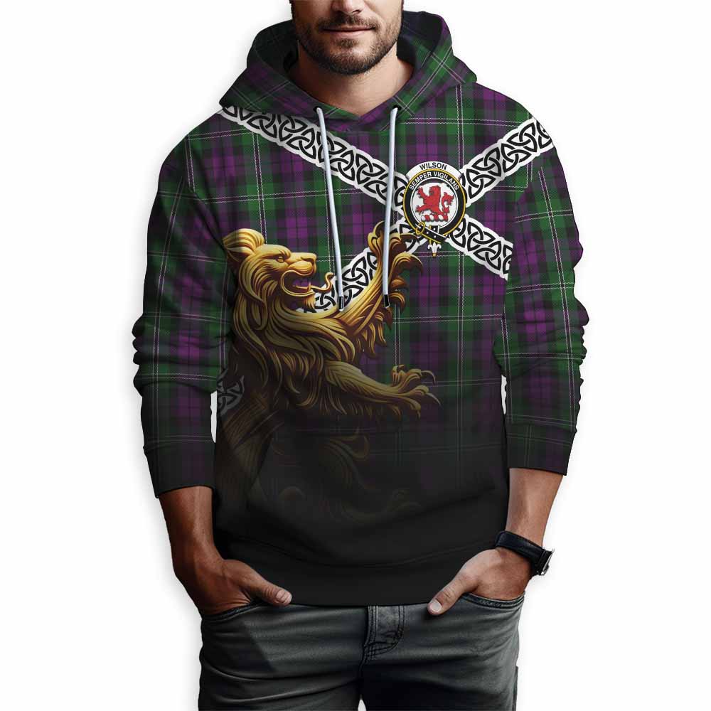 Tartan Vibes Clothing Wilson Crest Tartan Hoodie with Golden Lion Emblem Celtic Style