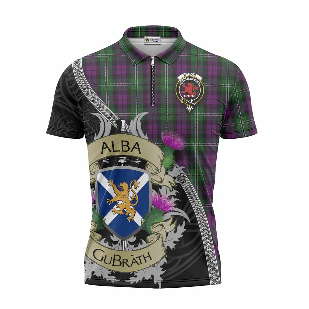 Tartan Vibes Clothing Wilson Tartan Family Crest Zipper Polo Shirt Lion Rampant Royal Thistle Shield Celtic Inspired