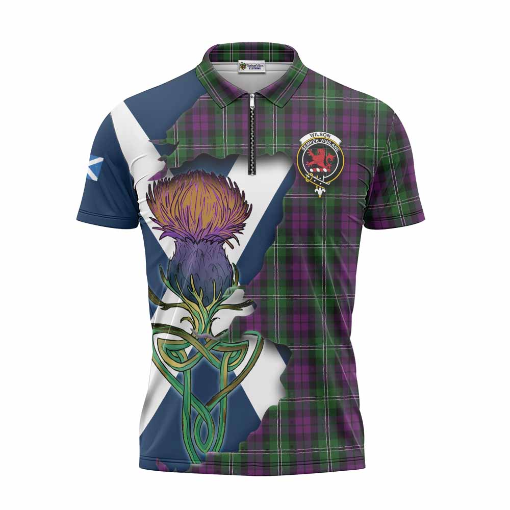 Tartan Vibes Clothing Wilson Tartan Family Crest Zipper Polo Shirt Scottish Thistle Celtic Inspired