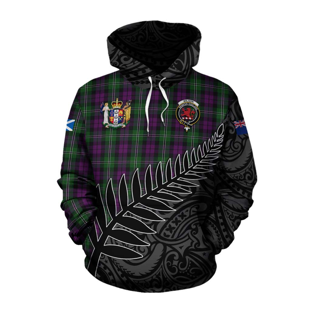 Tartan Vibes Clothing Wilson Crest Tartan Cotton Hoodie with New Zealand Silver Fern Half Style