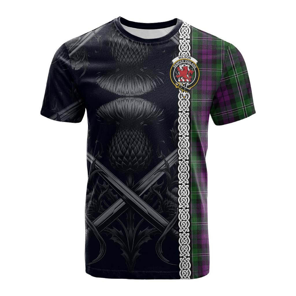 Tartan Vibes Clothing Wilson Tartan Cotton T-shirt with Family Crest Cross Sword Thistle Celtic Vibes