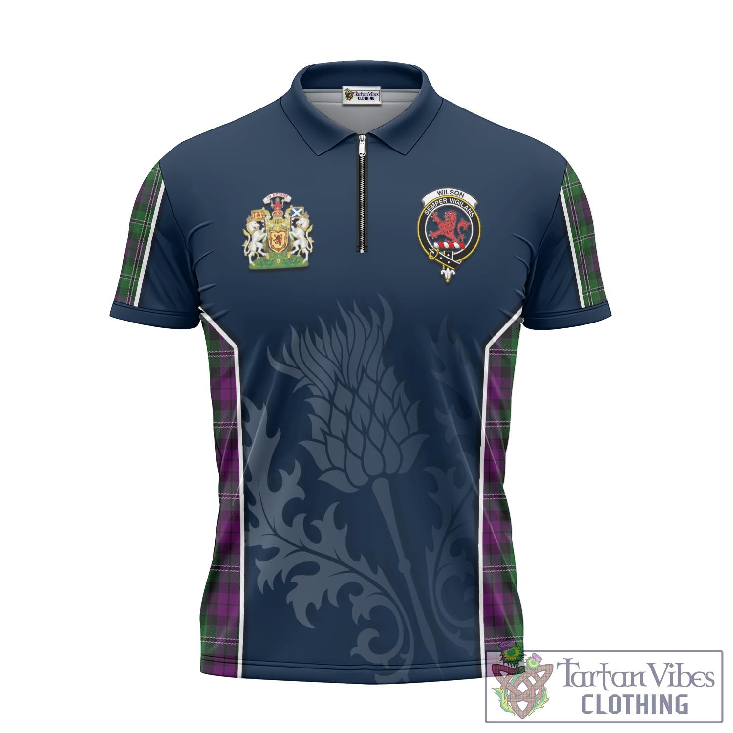 Tartan Vibes Clothing Wilson Tartan Zipper Polo Shirt with Family Crest and Scottish Thistle Vibes Sport Style