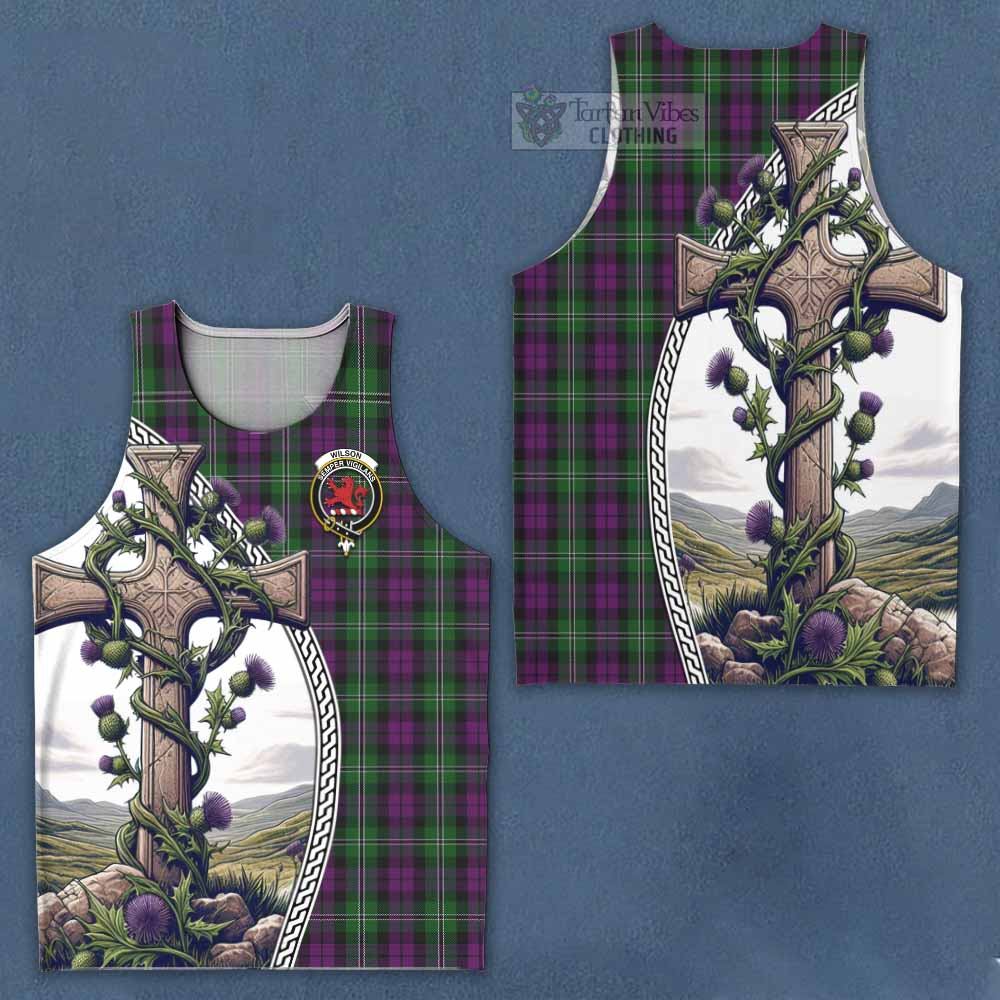 Tartan Vibes Clothing Wilson Tartan Men's Tank Top with Family Crest and St. Andrew's Cross Accented by Thistle Vines