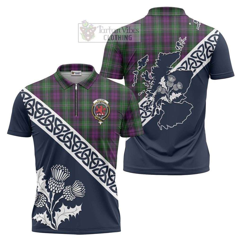 Tartan Vibes Clothing Wilson Tartan Zipper Polo Shirt Featuring Thistle and Scotland Map