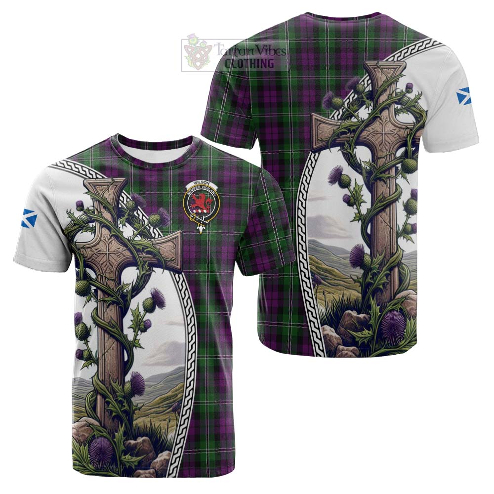 Tartan Vibes Clothing Wilson Tartan Cotton T-shirt with Family Crest and St. Andrew's Cross Accented by Thistle Vines