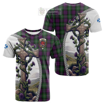 Wilson Tartan Cotton T-shirt with Family Crest and St. Andrew's Cross Accented by Thistle Vines