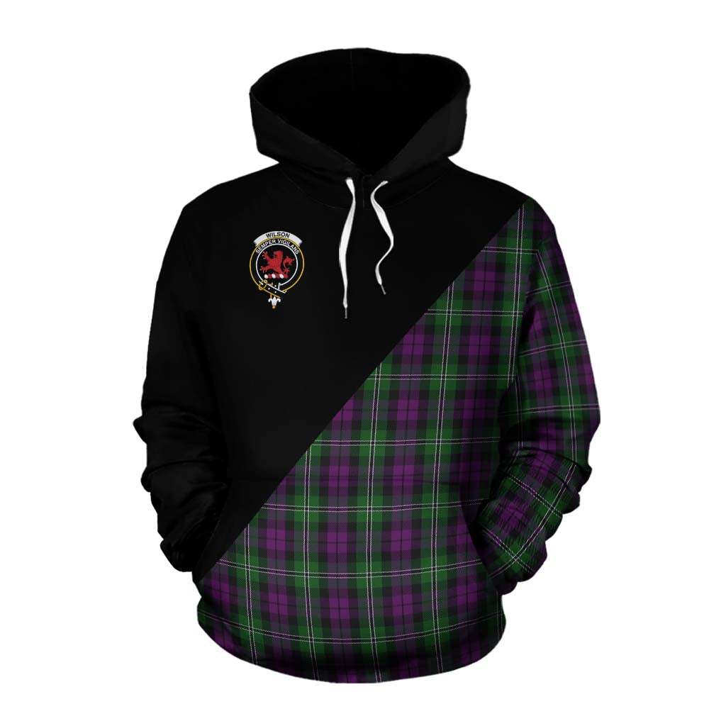 Tartan Vibes Clothing Wilson Tartan Cotton Hoodie with Family Crest and Military Logo Style