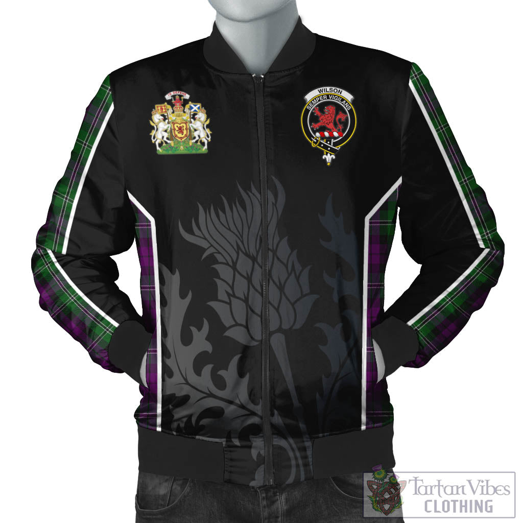 Tartan Vibes Clothing Wilson Tartan Bomber Jacket with Family Crest and Scottish Thistle Vibes Sport Style