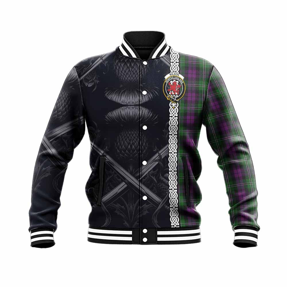 Tartan Vibes Clothing Wilson Tartan Baseball Jacket with Family Crest Cross Sword Thistle Celtic Vibes