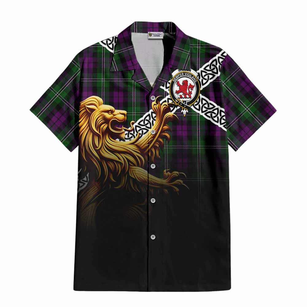 Tartan Vibes Clothing Wilson Crest Tartan Short Sleeve Button Shirt with Golden Lion Emblem Celtic Style