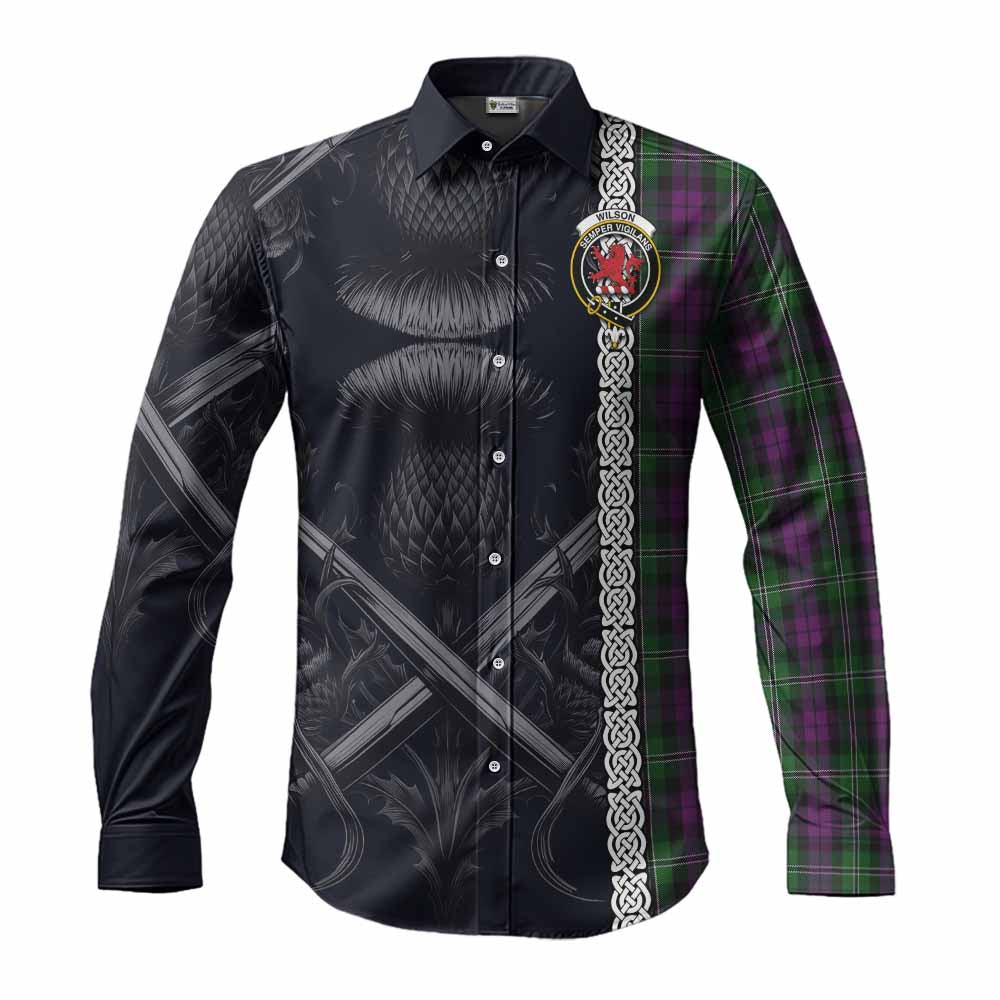 Tartan Vibes Clothing Wilson Tartan Long Sleeve Button Shirt with Family Crest Cross Sword Thistle Celtic Vibes