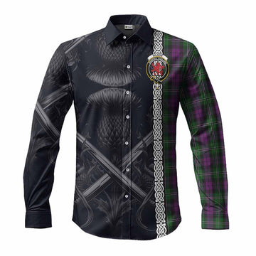 Tartan Vibes Clothing Wilson Tartan Long Sleeve Button Shirt with Family Crest Cross Sword Thistle Celtic Vibes