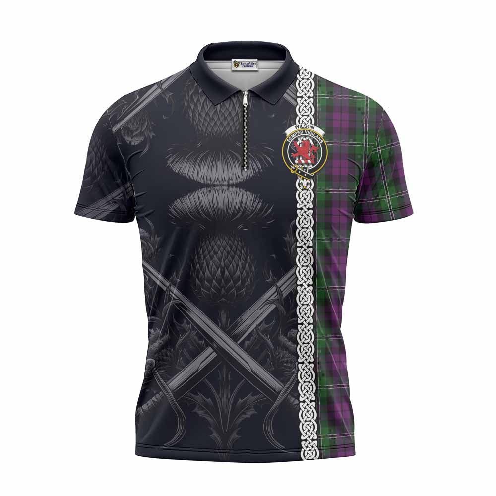 Tartan Vibes Clothing Wilson Tartan Zipper Polo Shirt with Family Crest Cross Sword Thistle Celtic Vibes