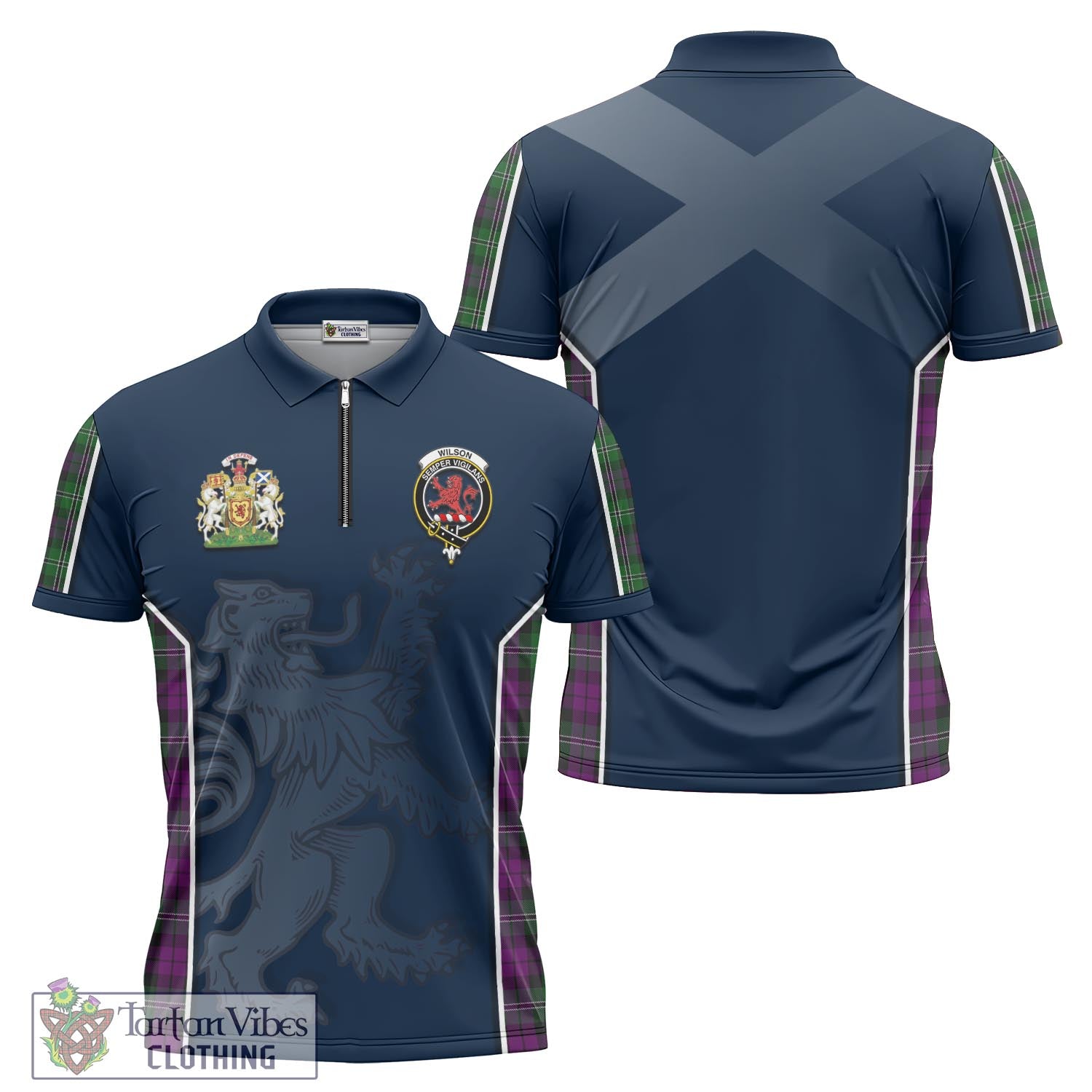 Tartan Vibes Clothing Wilson Tartan Zipper Polo Shirt with Family Crest and Lion Rampant Vibes Sport Style