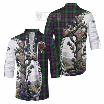 Tartan Vibes Clothing Wilson Tartan Ghillie Kilt Shirt with Family Crest and St. Andrew's Cross Accented by Thistle Vines