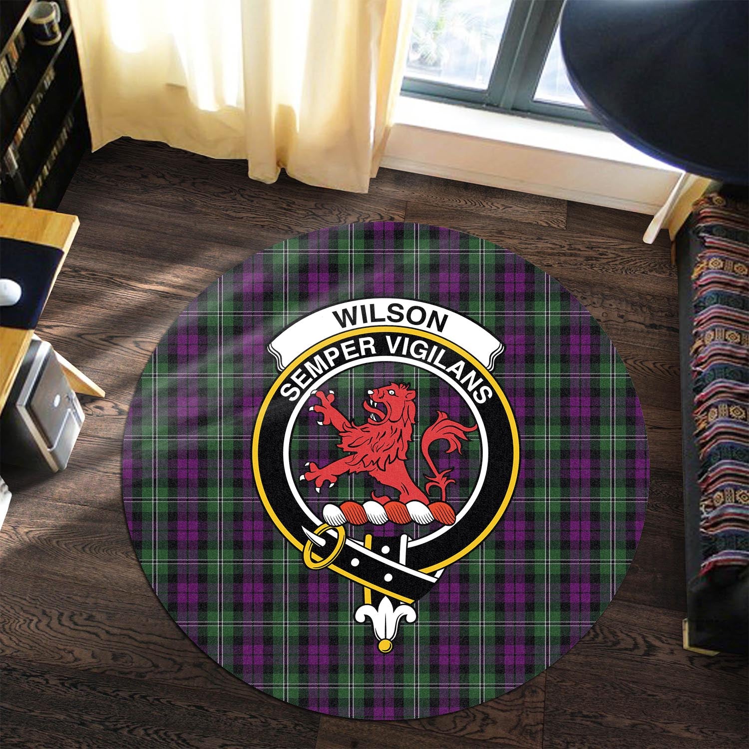 wilson-tartan-round-rug-with-family-crest
