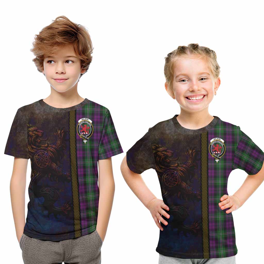 Tartan Vibes Clothing Wilson Tartan Family Crest Kid T-Shirt Alba Gu Brath Be Brave Lion Ancient Style