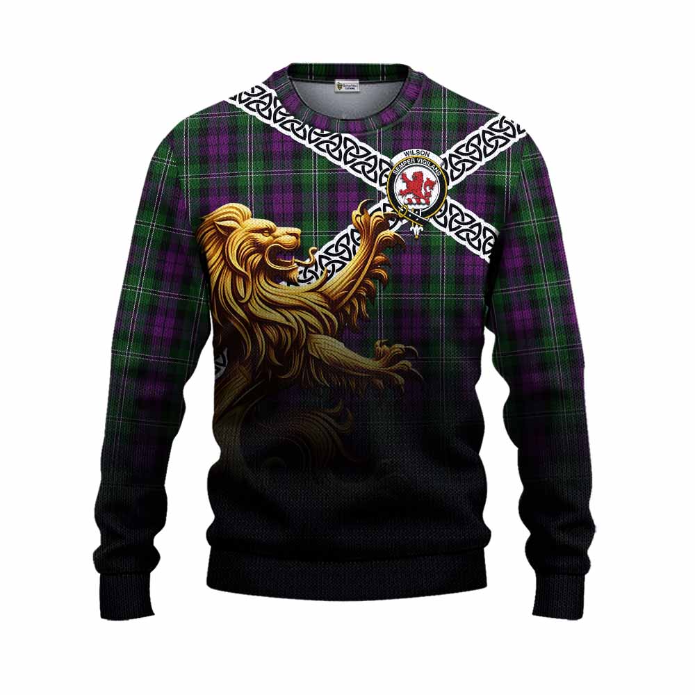 Tartan Vibes Clothing Wilson Crest Tartan Knitted Sweater with Golden Lion Emblem Celtic Style