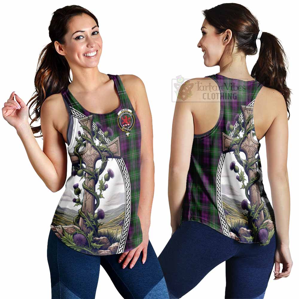 Tartan Vibes Clothing Wilson Tartan Women's Racerback Tanks with Family Crest and St. Andrew's Cross Accented by Thistle Vines