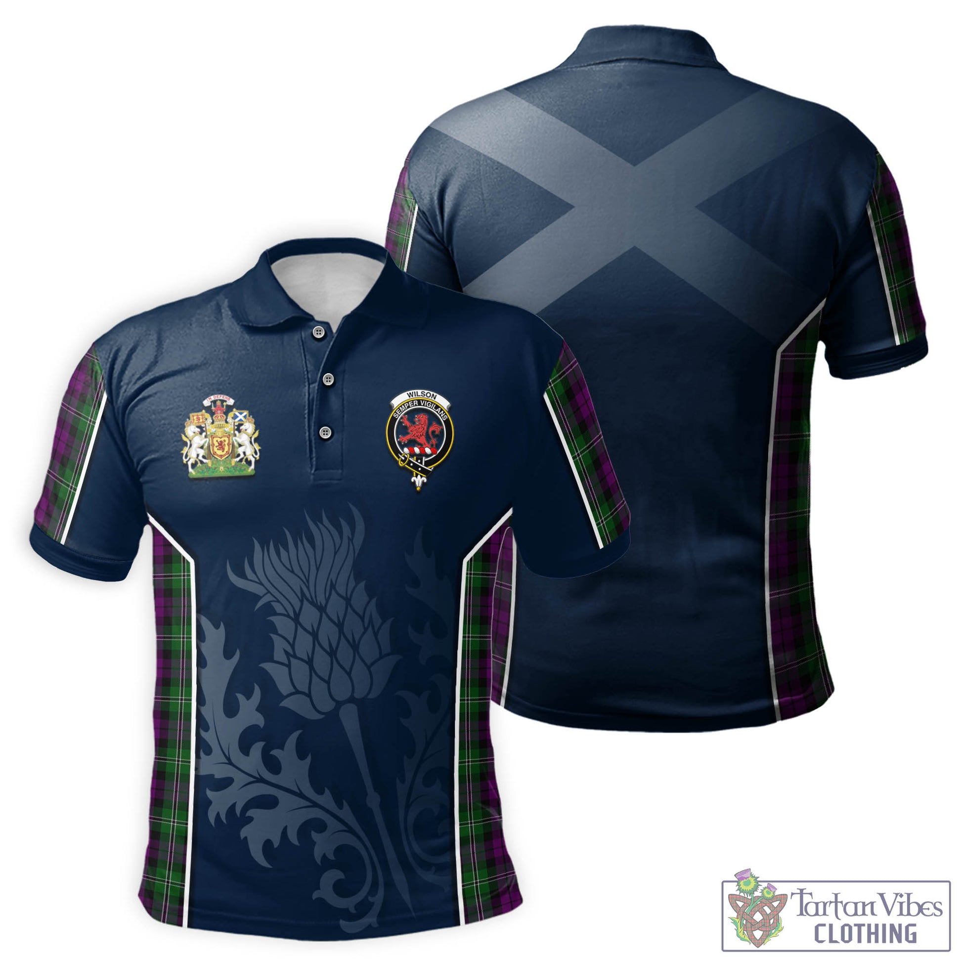 Tartan Vibes Clothing Wilson Tartan Men's Polo Shirt with Family Crest and Scottish Thistle Vibes Sport Style