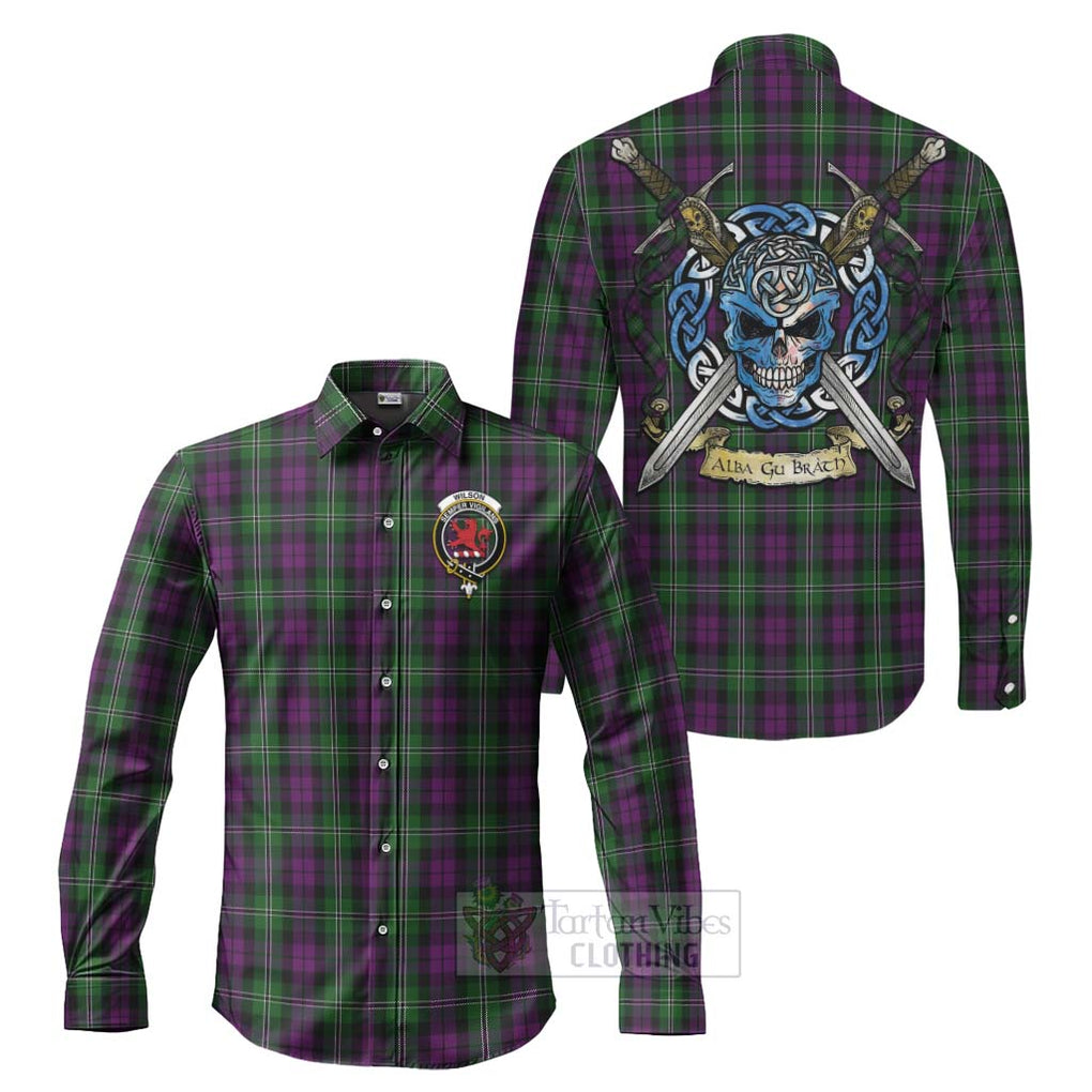 Tartan Vibes Clothing Wilson Tartan Long Sleeve Button Shirt with Family Crest Celtic Skull Style
