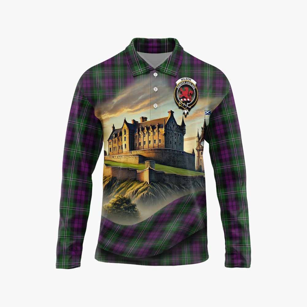 Tartan Vibes Clothing Wilson Tartan Family Crest Long Sleeve Polo Shirt with Scottish Ancient Castle Style