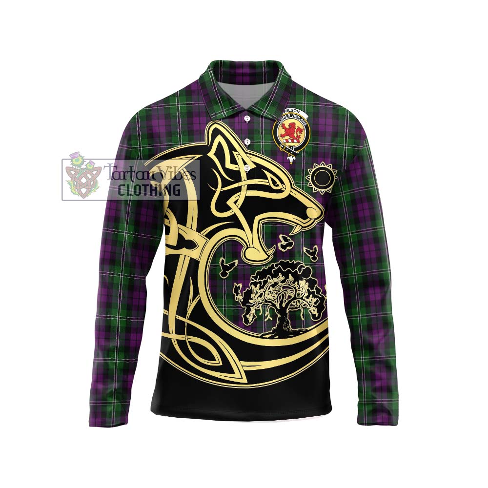 Wilson Tartan Long Sleeve Polo Shirt with Family Crest Celtic Wolf Style Unisex - Tartanvibesclothing Shop
