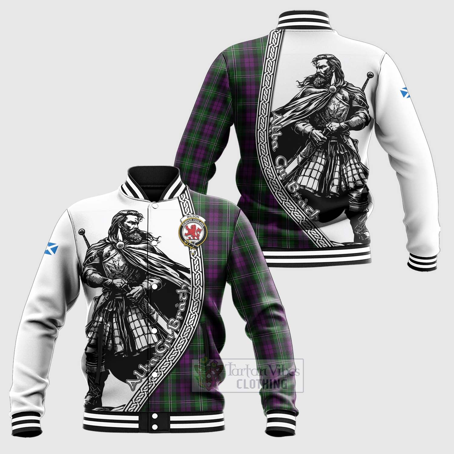 Tartan Vibes Clothing Wilson Tartan Clan Crest Baseball Jacket with Highlander Warrior Celtic Style