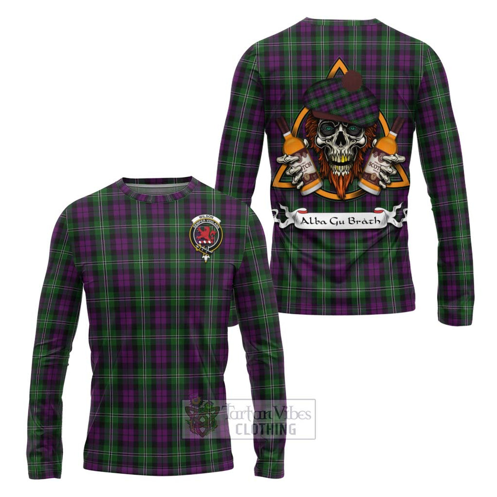 Tartan Vibes Clothing Wilson Tartan Long Sleeve T-Shirt with Family Crest and Bearded Skull Holding Bottles of Whiskey
