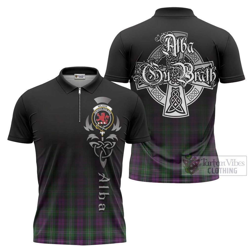 Tartan Vibes Clothing Wilson Tartan Zipper Polo Shirt Featuring Alba Gu Brath Family Crest Celtic Inspired