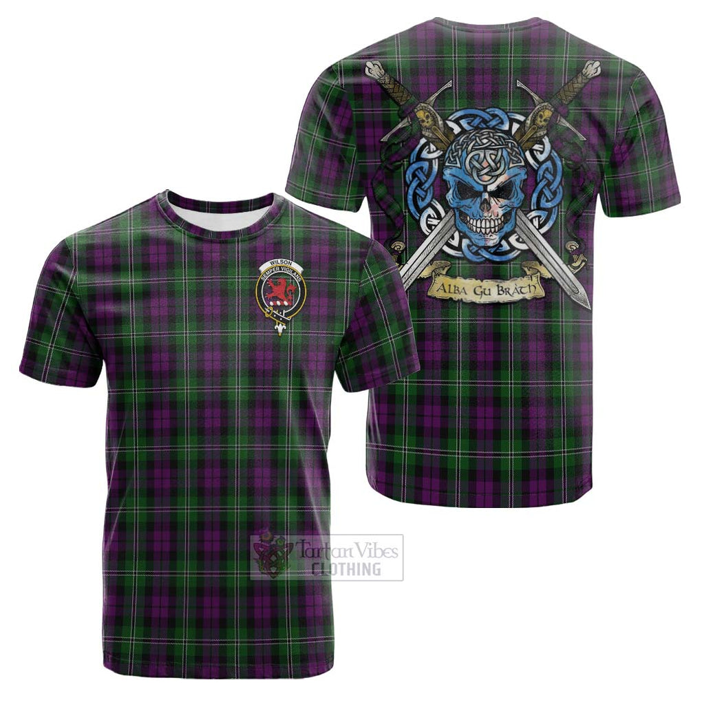 Tartan Vibes Clothing Wilson Tartan Cotton T-shirt with Family Crest Celtic Skull Style