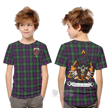 Tartan Vibes Clothing Wilson Tartan Kid T-Shirt with Family Crest and Bearded Skull Holding Bottles of Whiskey