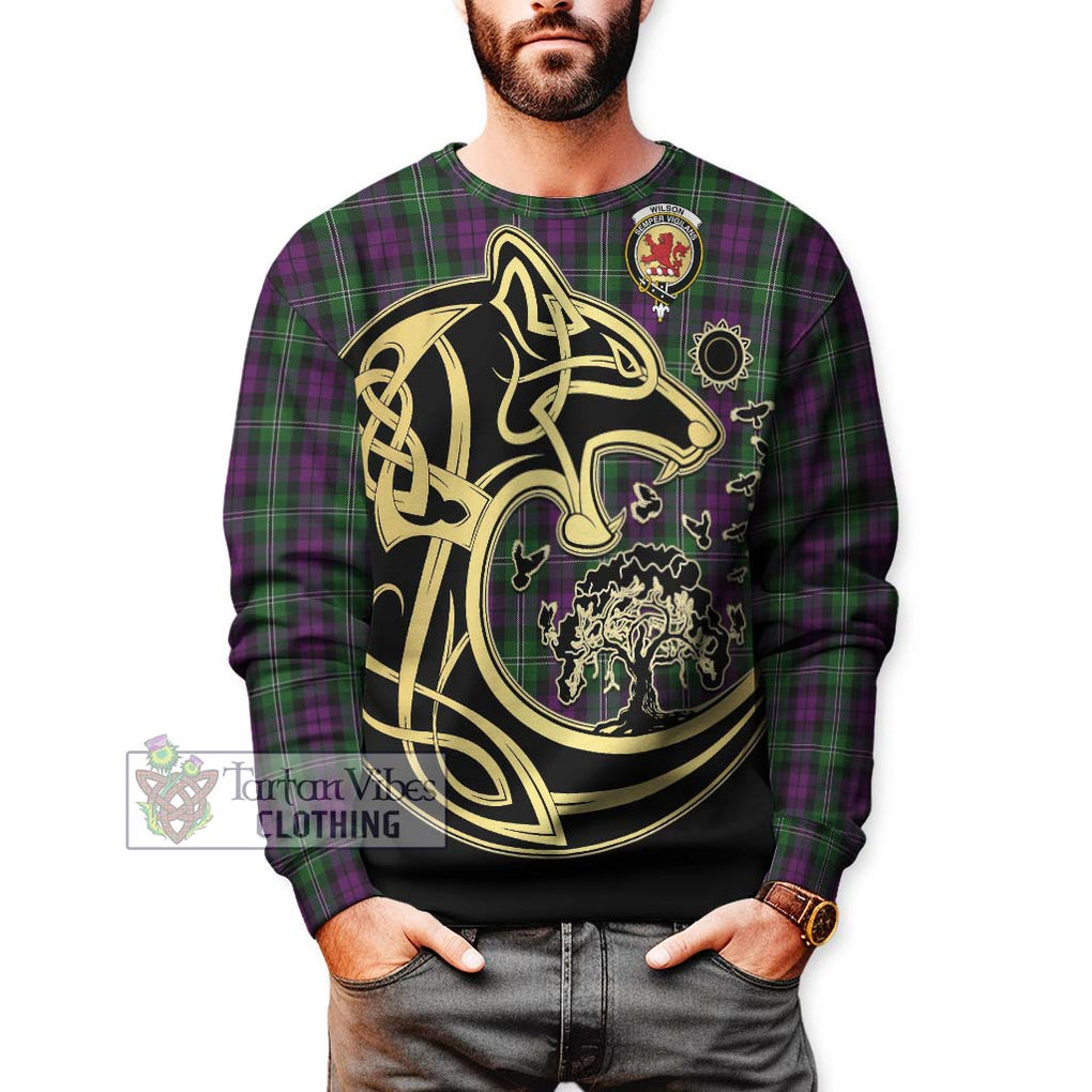 Wilson Tartan Sweatshirt with Family Crest Celtic Wolf Style Unisex - Tartan Vibes Clothing