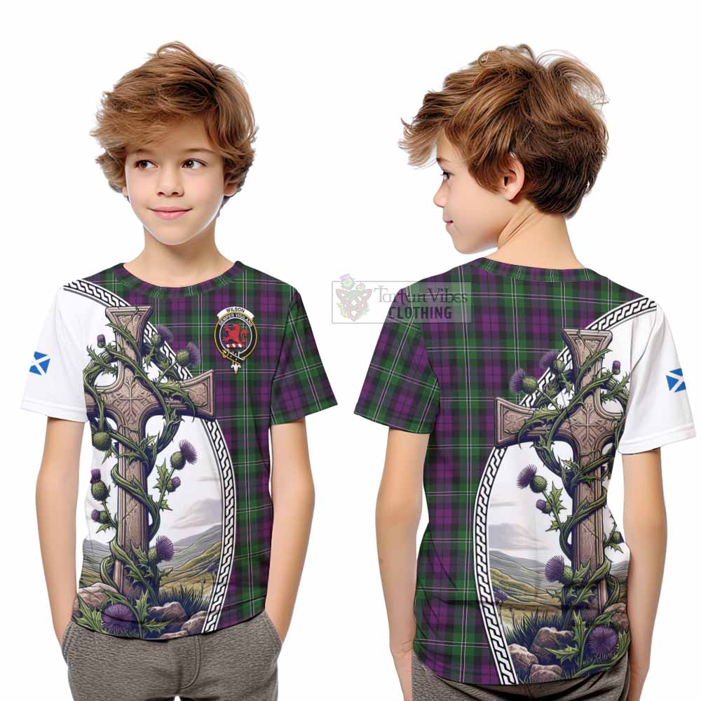 Tartan Vibes Clothing Wilson Tartan Kid T-Shirt with Family Crest and St. Andrew's Cross Accented by Thistle Vines