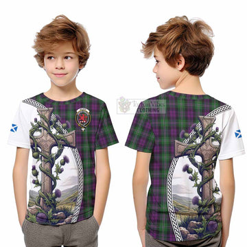 Tartan Vibes Clothing Wilson Tartan Kid T-Shirt with Family Crest and St. Andrew's Cross Accented by Thistle Vines