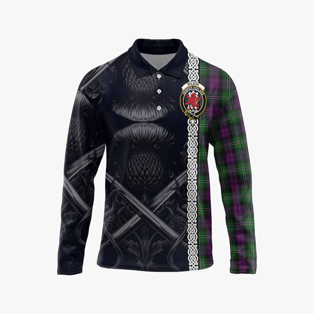Tartan Vibes Clothing Wilson Tartan Long Sleeve Polo Shirt with Family Crest Cross Sword Thistle Celtic Vibes