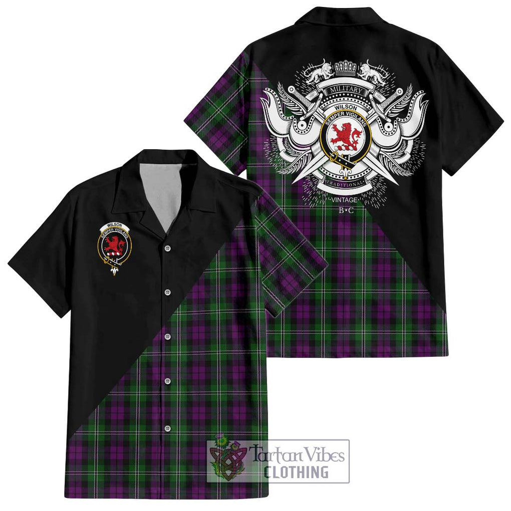 Wilson Tartan Short Sleeve Button Shirt with Family Crest and Military Logo Style Kid - Tartanvibesclothing Shop