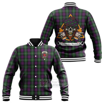 Tartan Vibes Clothing Wilson Tartan Baseball Jacket with Family Crest and Bearded Skull Holding Bottles of Whiskey