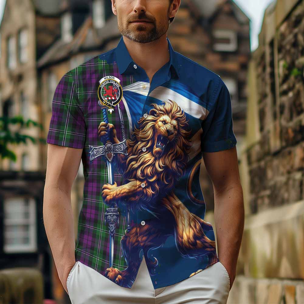Tartan Vibes Clothing Wilson Tartan Family Crest Short Sleeve Button Shirt with Scottish Majestic Lion