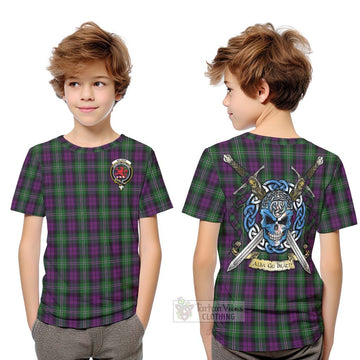 Tartan Vibes Clothing Wilson Tartan Kid T-Shirt with Family Crest Celtic Skull Style