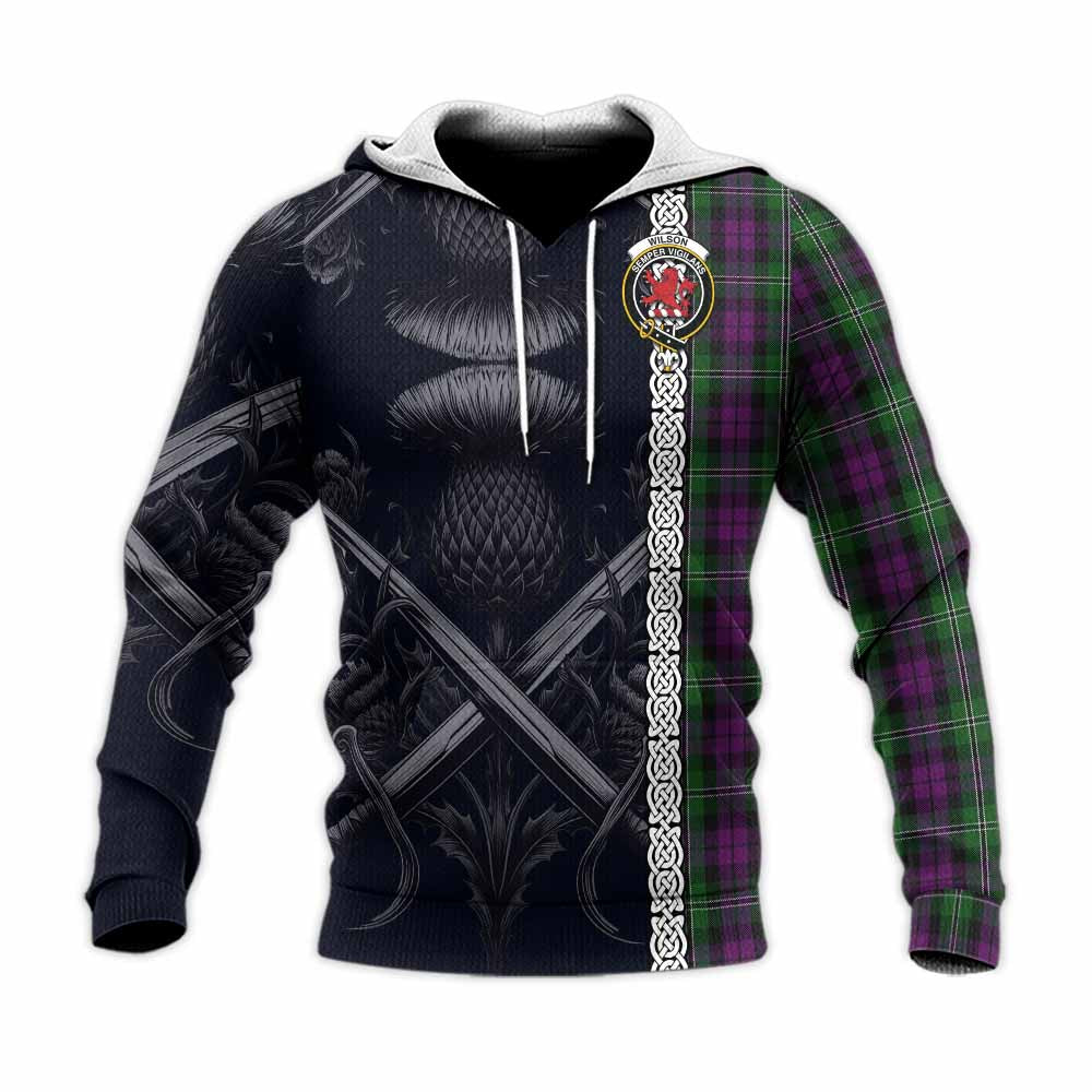 Tartan Vibes Clothing Wilson Tartan Knitted Hoodie with Family Crest Cross Sword Thistle Celtic Vibes