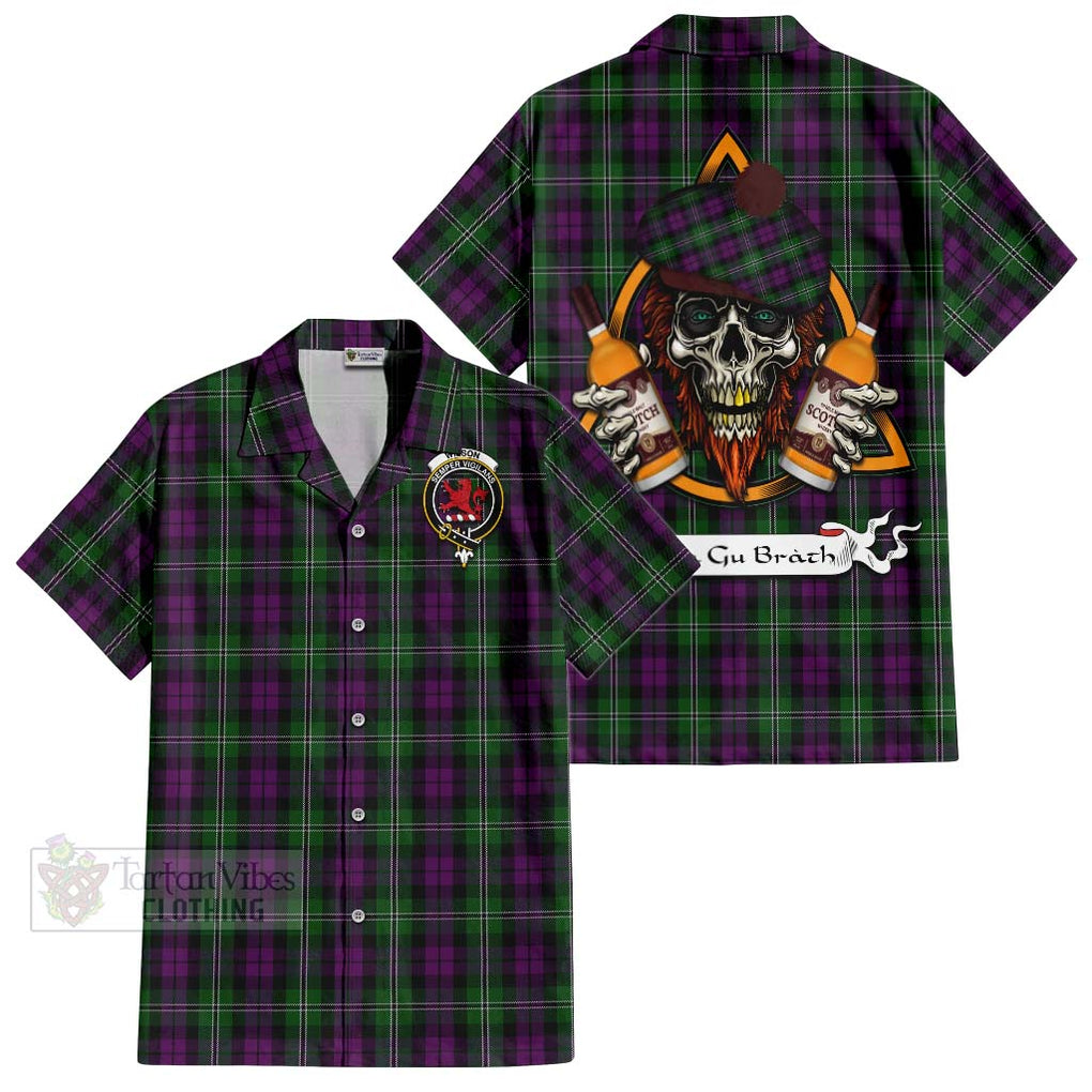 Tartan Vibes Clothing Wilson Tartan Short Sleeve Button Shirt with Family Crest and Bearded Skull Holding Bottles of Whiskey