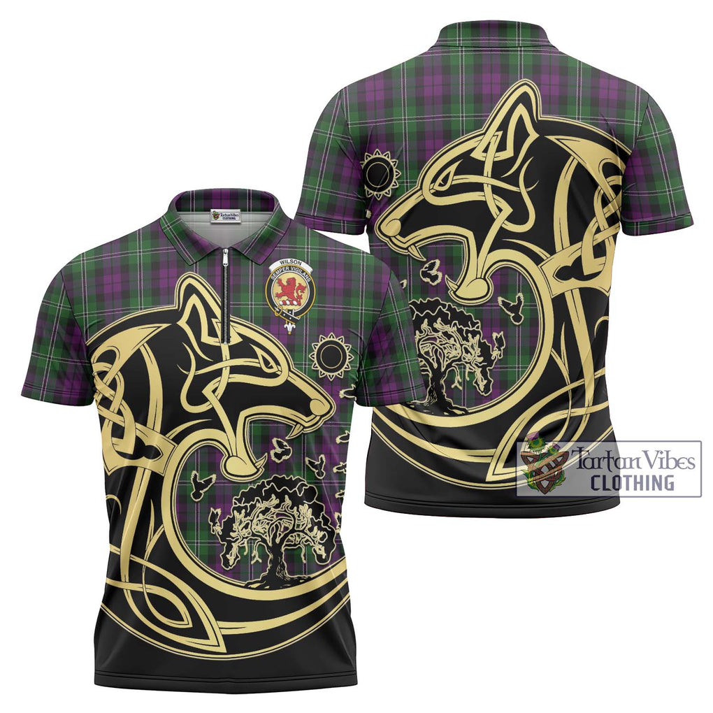 Wilson Tartan Zipper Polo Shirt with Family Crest Celtic Wolf Style Unisex - Tartanvibesclothing Shop