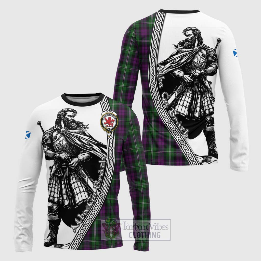 Tartan Vibes Clothing Wilson Tartan Clan Crest Long Sleeve T-Shirt with Highlander Warrior Celtic Style