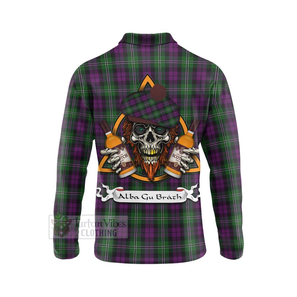 Tartan Vibes Clothing Wilson Tartan Long Sleeve Polo Shirt with Family Crest and Bearded Skull Holding Bottles of Whiskey