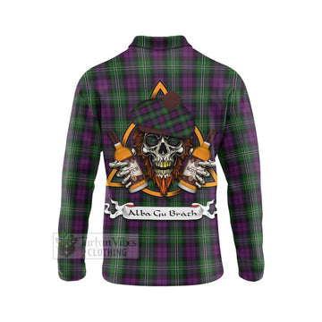 Tartan Vibes Clothing Wilson Tartan Long Sleeve Polo Shirt with Family Crest and Bearded Skull Holding Bottles of Whiskey