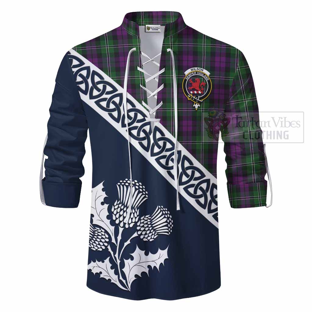 Tartan Vibes Clothing Wilson Tartan Ghillie Kilt Shirt Featuring Thistle and Scotland Map